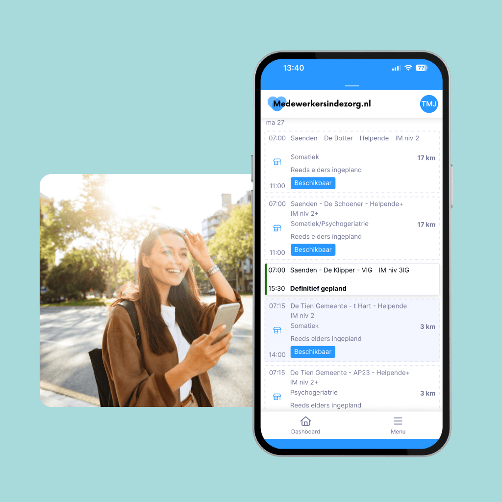 Screenshot van onze app met beschikbare diensten in de zorg en een medewerker die de app op haar telefoon bekijkt