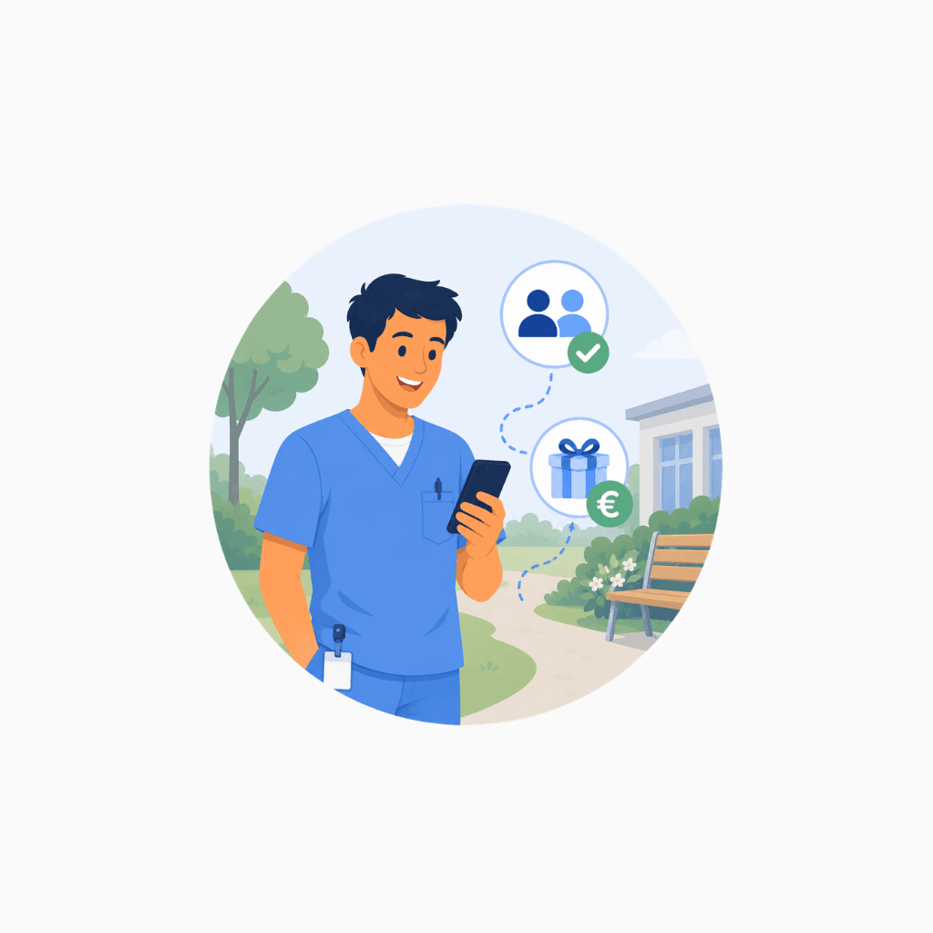 Medewerker in de zorg ziet op telefoon dat hij een aandraagbonus heeft gekregen.