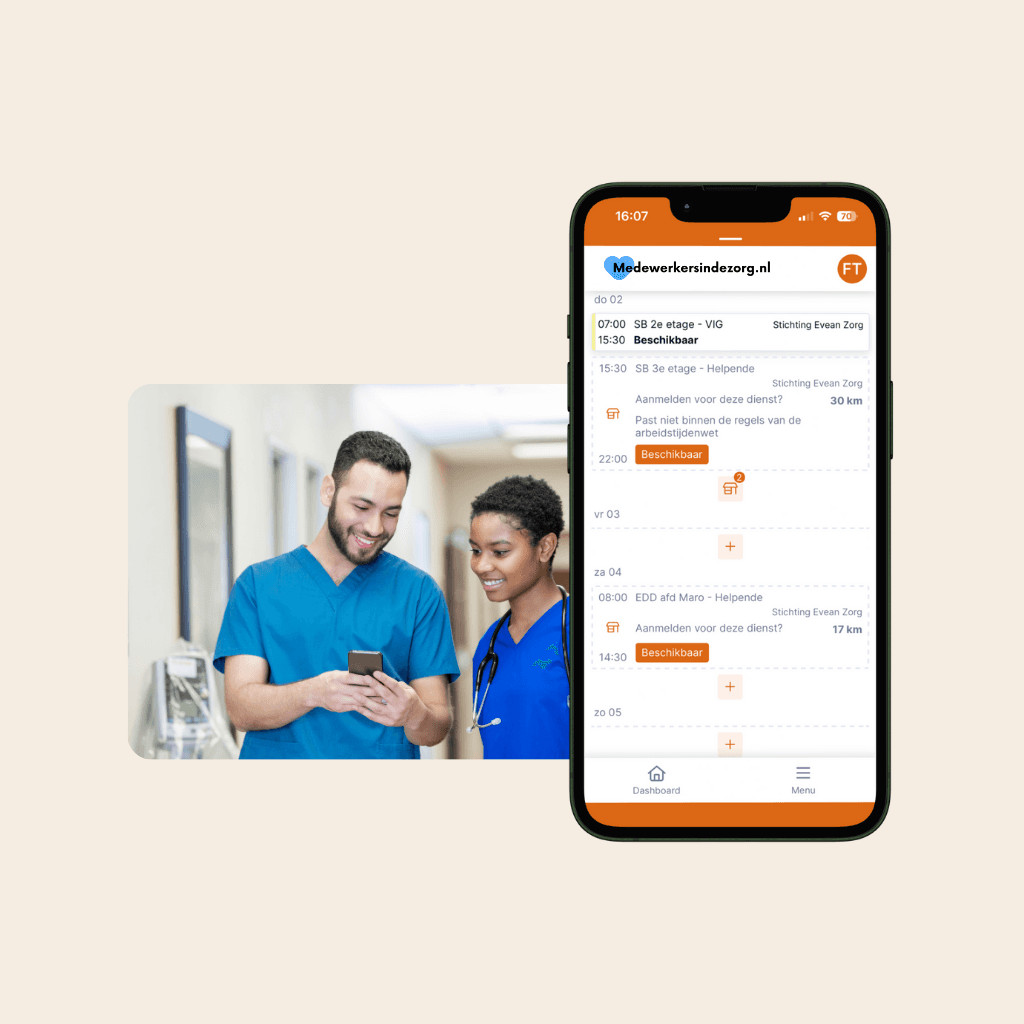 Zorgmedewerkers zoeken flexdiensten in de app op hun telefoon