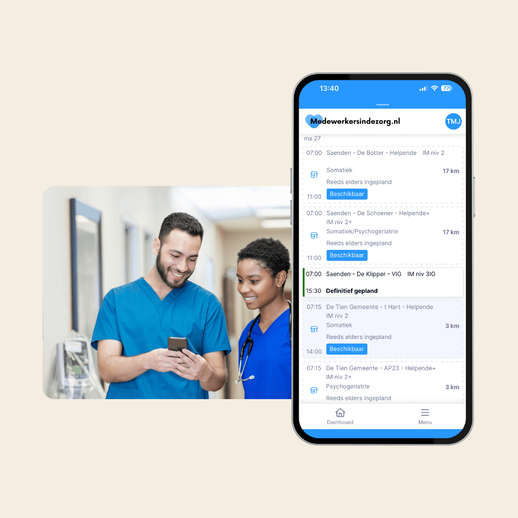 Screenshot van onze app met beschikbare diensten in de zorg en twee zorgprofessionals die de app op een telefoon bekijken