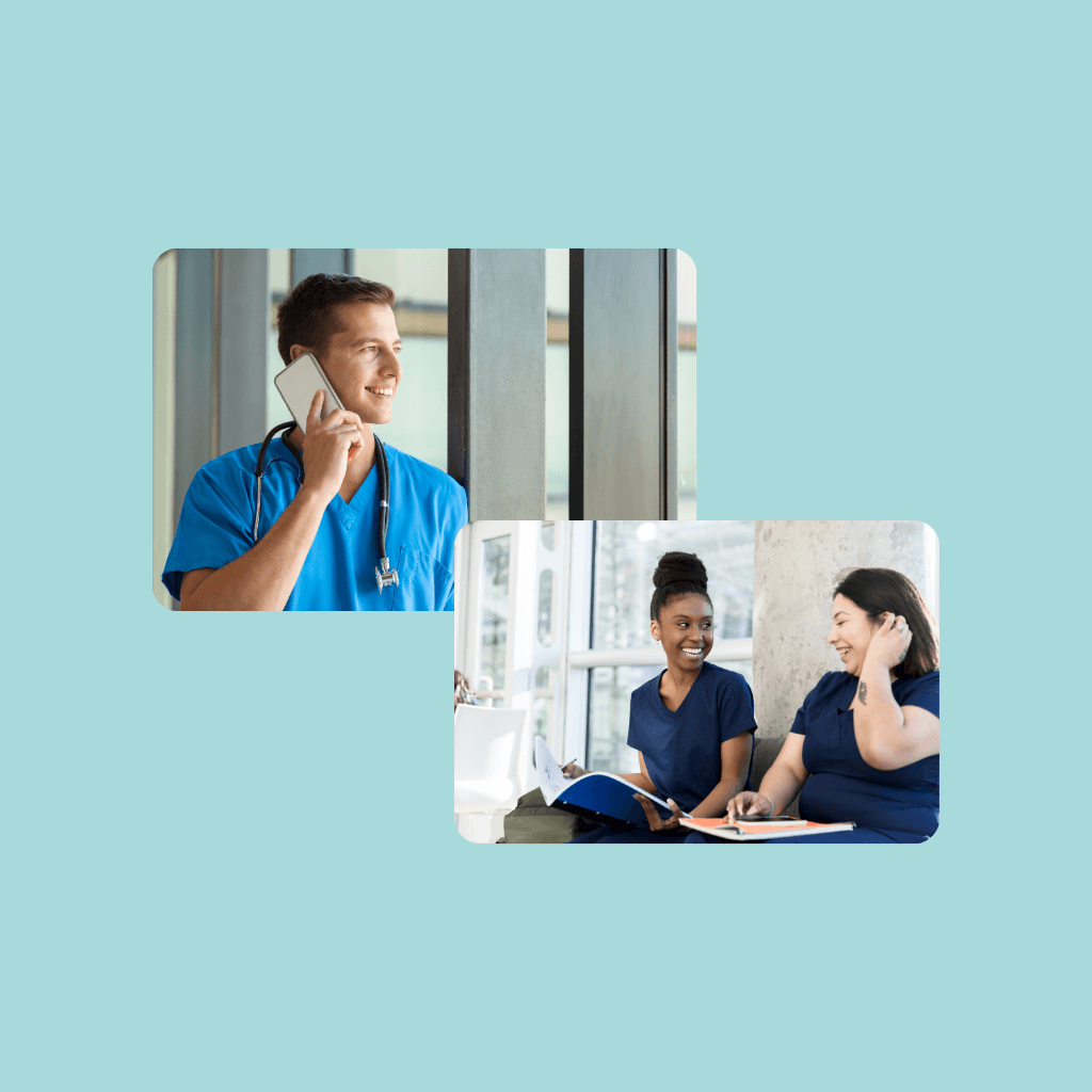 Zorgmedewerkers met elkaar en via de telefoon in gesprek